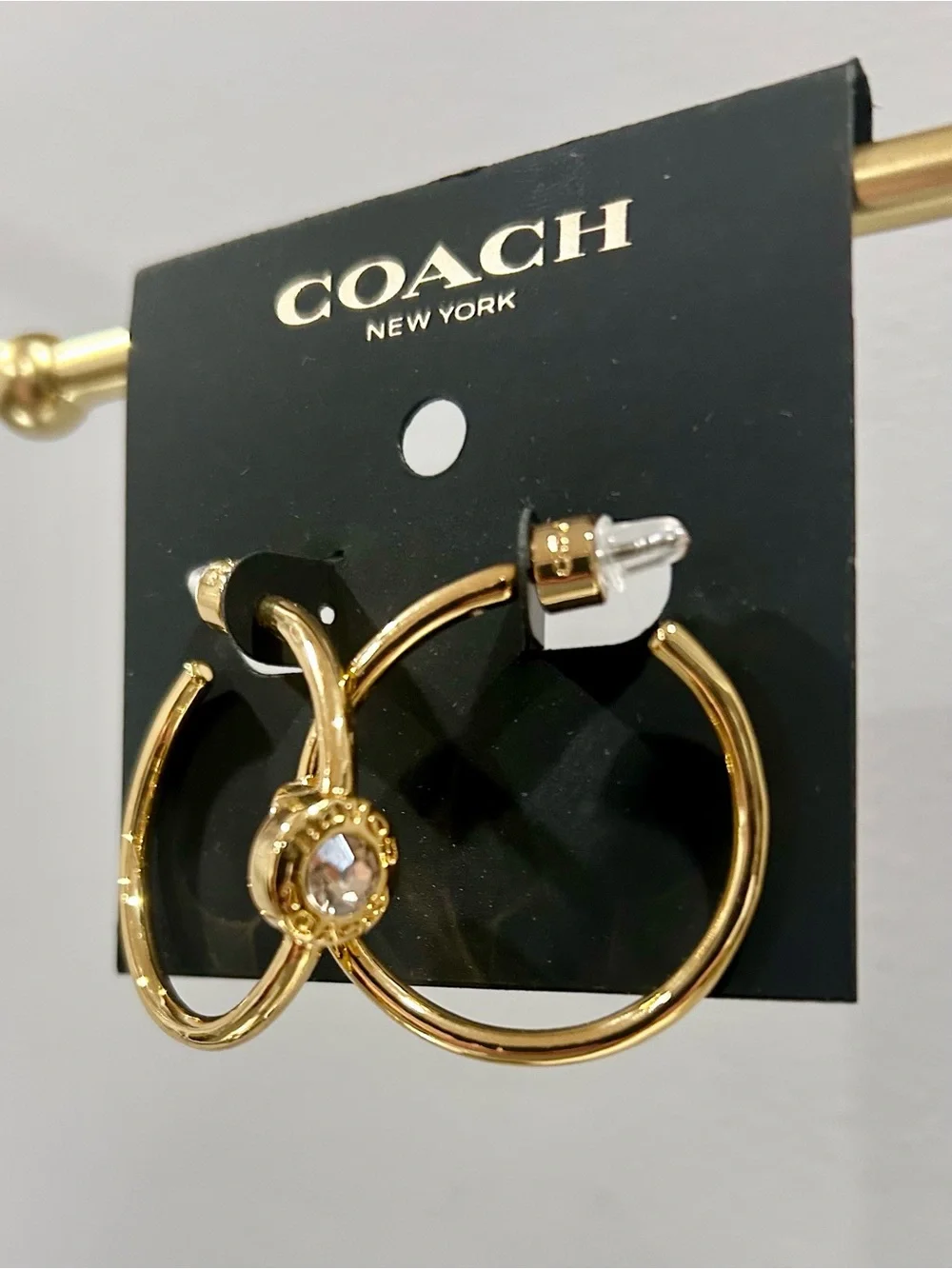COACH Gold Hoop Earrings with Crystal Accent - Picture 2 of 4